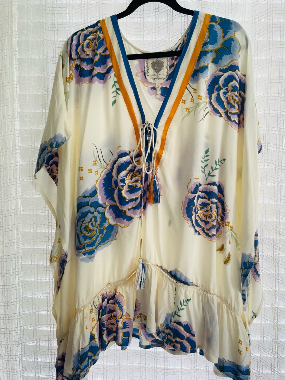 Anthropologie Z&L Europe Cream Floral Swim Coverup with Blue & Gold Accents